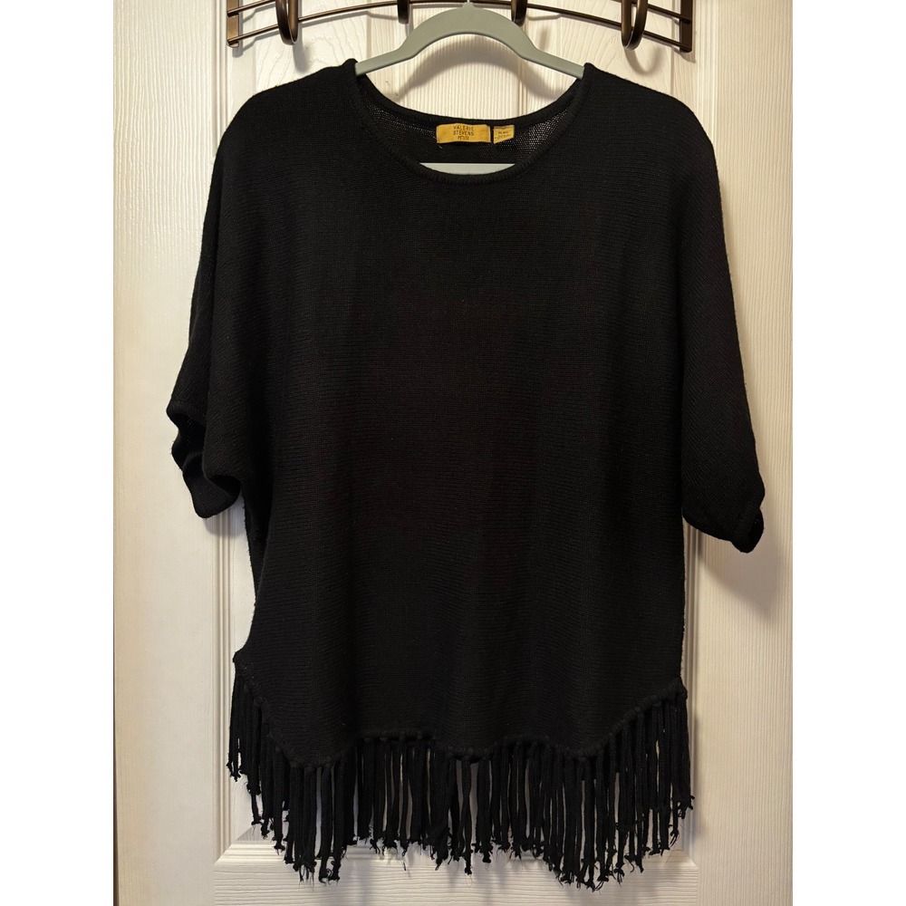 Valerie Stevens Petite Black Knit Fringe Hem Short Sleeve Sweater KSVU0690 PL